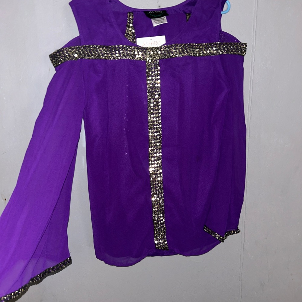 Purple Cold Shoulder Top with Sequin Trim and Skirt